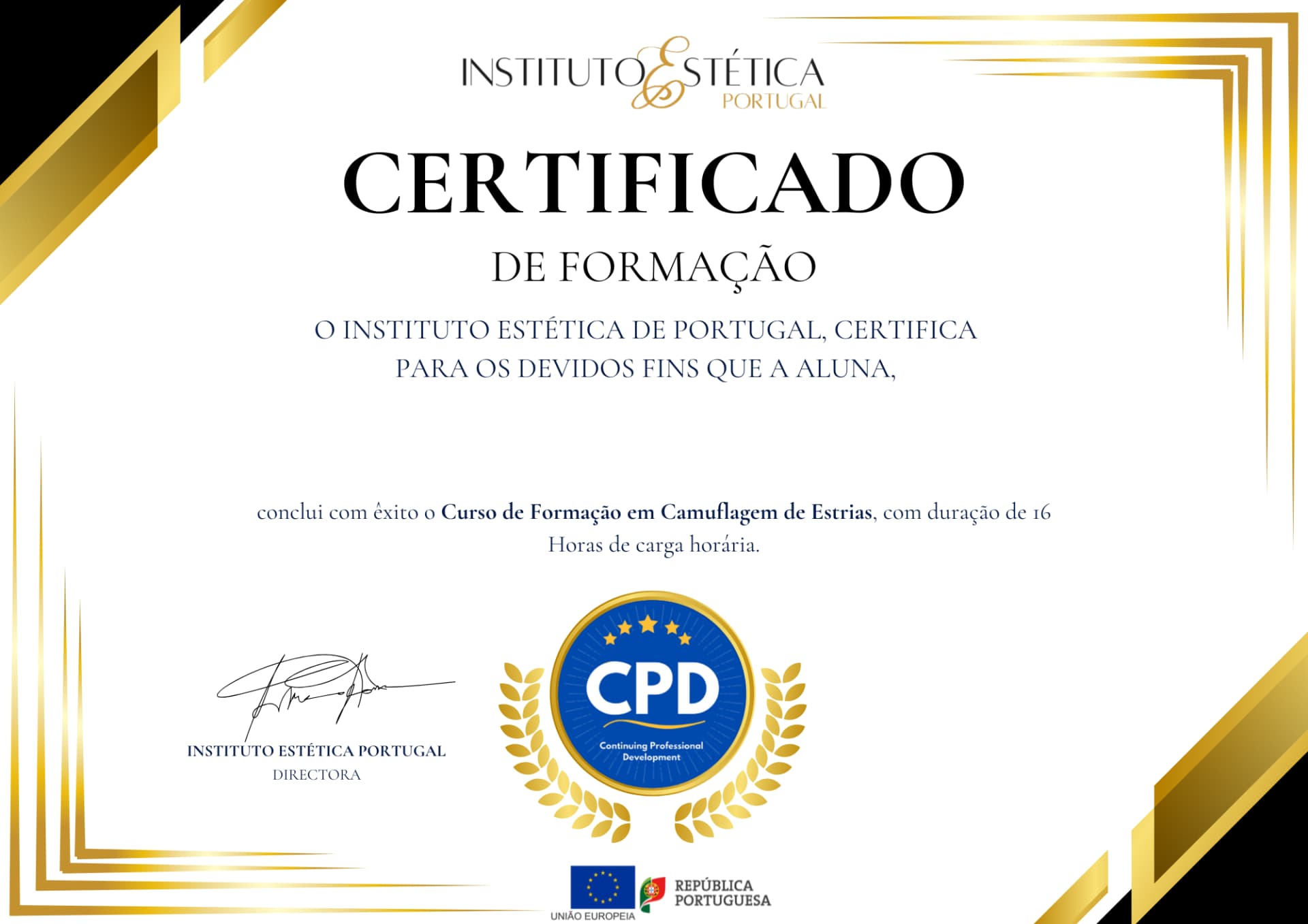 Certificado de Maquilhadora Profissional com acreditação CPD do Instituto Estética Portugal
